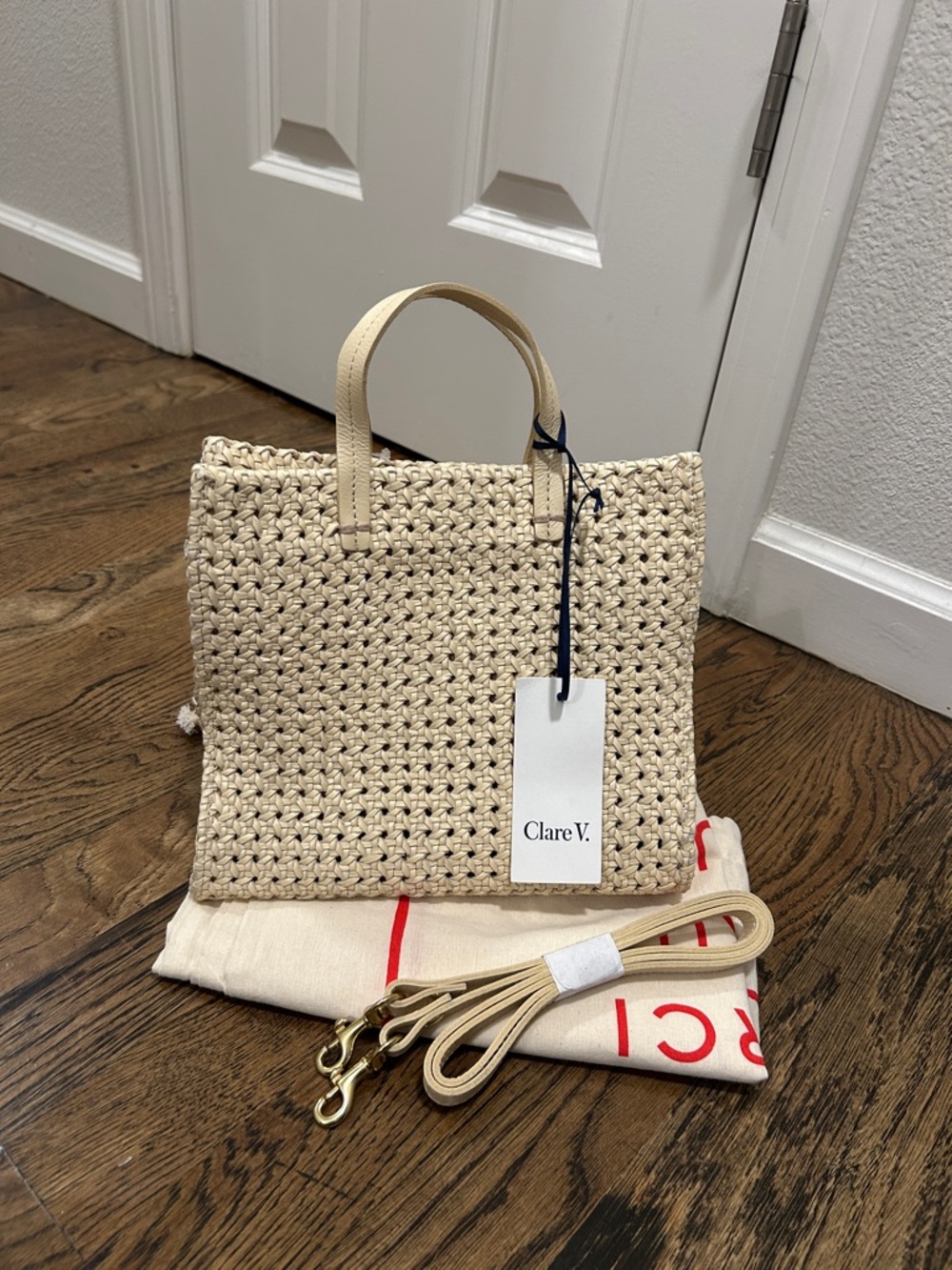 Clare V Petit Simple Tote Cream Rattan Woven Leather Crossbody Summer Bag NWT - Picture 7 of 9